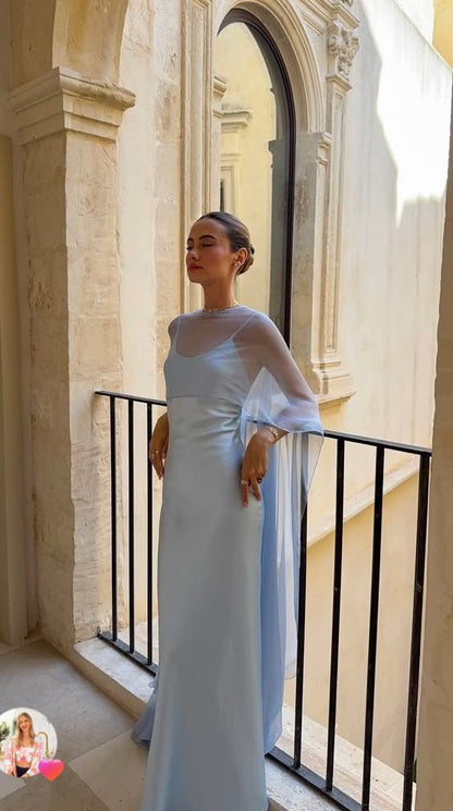Simple A line Spaghetti Straps Blue Chiffon Party Dresses Prom Dresses Impress Wedding Guest Dress N891