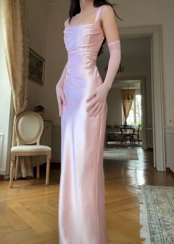 Robe de bal longue en satin rose satiné, col carré, style sirène simple, référence N358