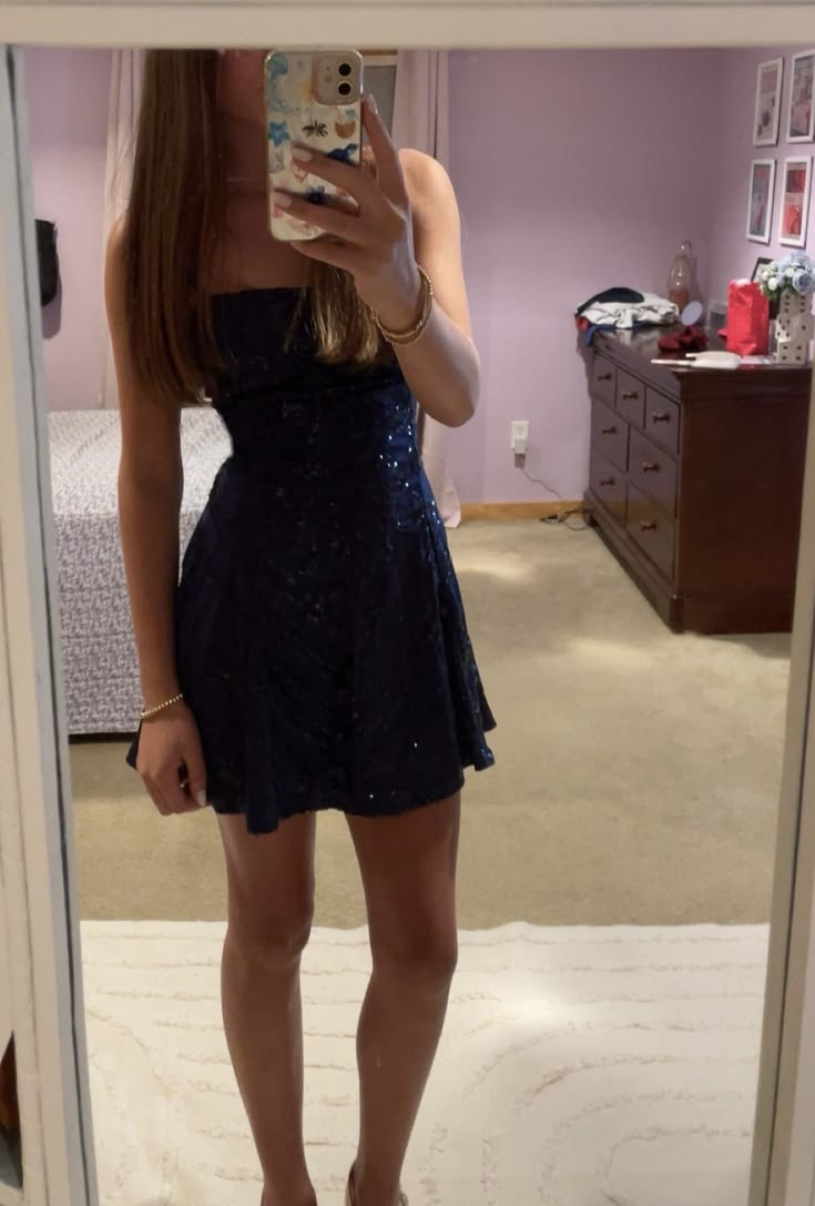 Shiniest Star Sequin Mini Dress A line Navy Blue Sequin Graduation Gowns High School For 8th Grade Homecoming Dress RB3323