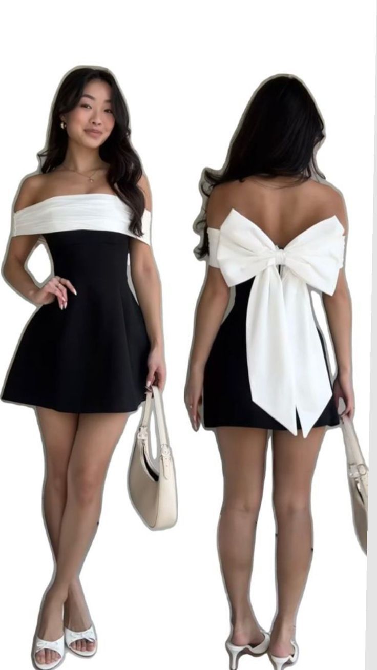 Elegantes A-Linien Off-Shoulder Schwarz mit Weißer Schleife Satin Mini Kurze Party Outfits Homecoming Kleider RB4247