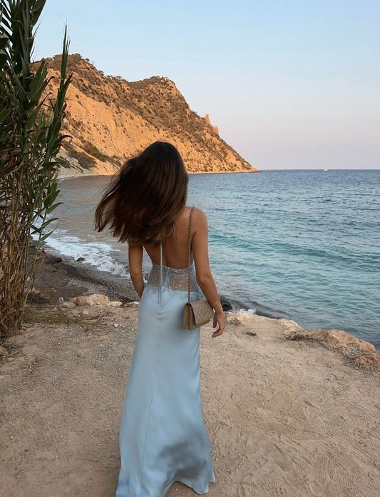 Einfaches Meerjungfrauen-Halterkleid, blau, rückenfrei, langes Abendkleid, Sommerkleid, Strandkleid, formelles Kleid mit schwarzer Krawatte, Frühlingshochzeitsgastkleid N1389