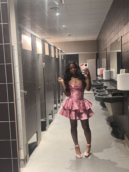 Maximalist Ball Gown Strapless Pink Lace Cruise Ship Formal Night Evening Dresses Short Birthday Outfit RB3886