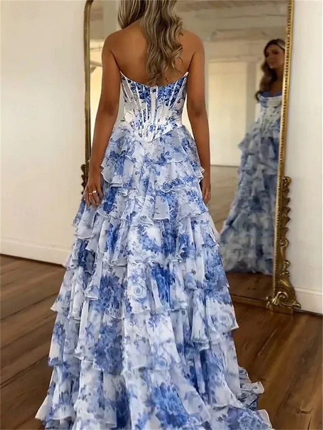 Robe de bal longue trapèze élégante style princesse florale sans manches et bustier, en mousseline imprimée de fleurs N1861
