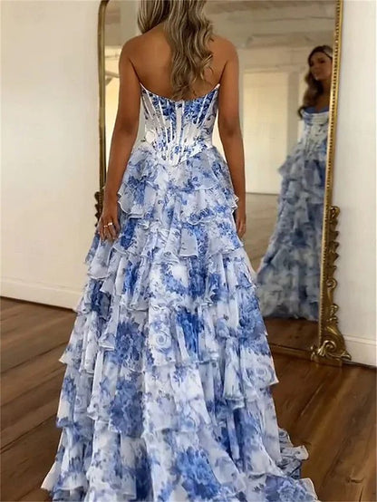 Robe de bal longue trapèze élégante style princesse florale sans manches et bustier, en mousseline imprimée de fleurs N1861