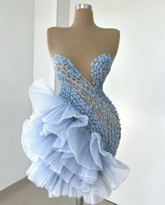 Shimmering Sheath Sweetheart Light Blue Tulle With Pleated for Prom Night Homecoming Dresses RB6314