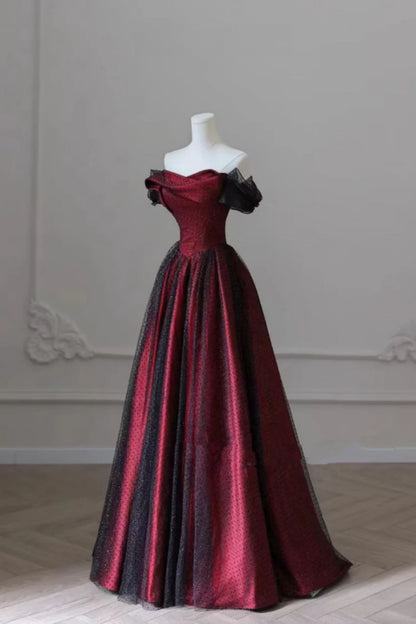 Schwarzes und rotes Tüll-Abendkleid, langes A-Linien-Kleid mit schulterfreiem Schnitt, auch als Hochzeits- oder Partykleid geeignet, Geburtstagskleid AB916