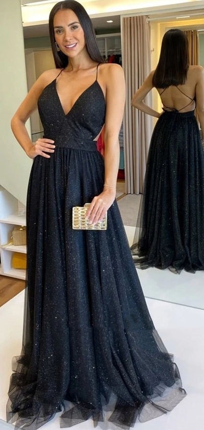 Sexy A-Linien-Abendkleid mit tiefem V-Ausschnitt und freiem Rücken AB914