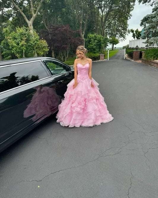 Ball Gown Sweetheart Sleeveless Tulle Pink Long Formal Dresses Prom Dress AB943