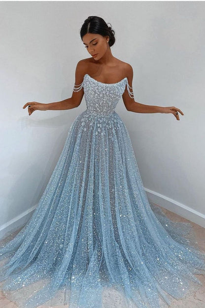 Hellblaues, schulterfreies, langes Pailletten-Abendkleid AB929