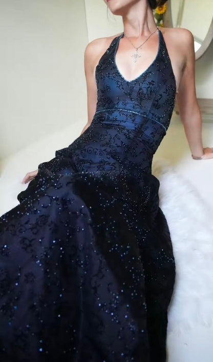Vintage Meerjungfrauen-Abendkleid aus lila Spitze mit Neckholder, langes Abendkleid, Ballkleid AB326