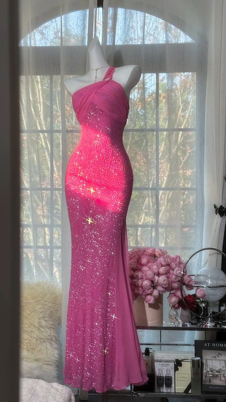 Glitzernde Meerjungfrau One-Shoulder Hot Pink Pailletten Langes Abendkleid Partykleider Ballkleider N2395