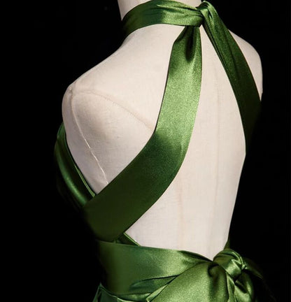 Einfaches, rückenfreies, langes A-Linien-Abendkleid aus olivgrünem Satin mit Neckholder, formelles Partykleid, Ballkleid AB1176