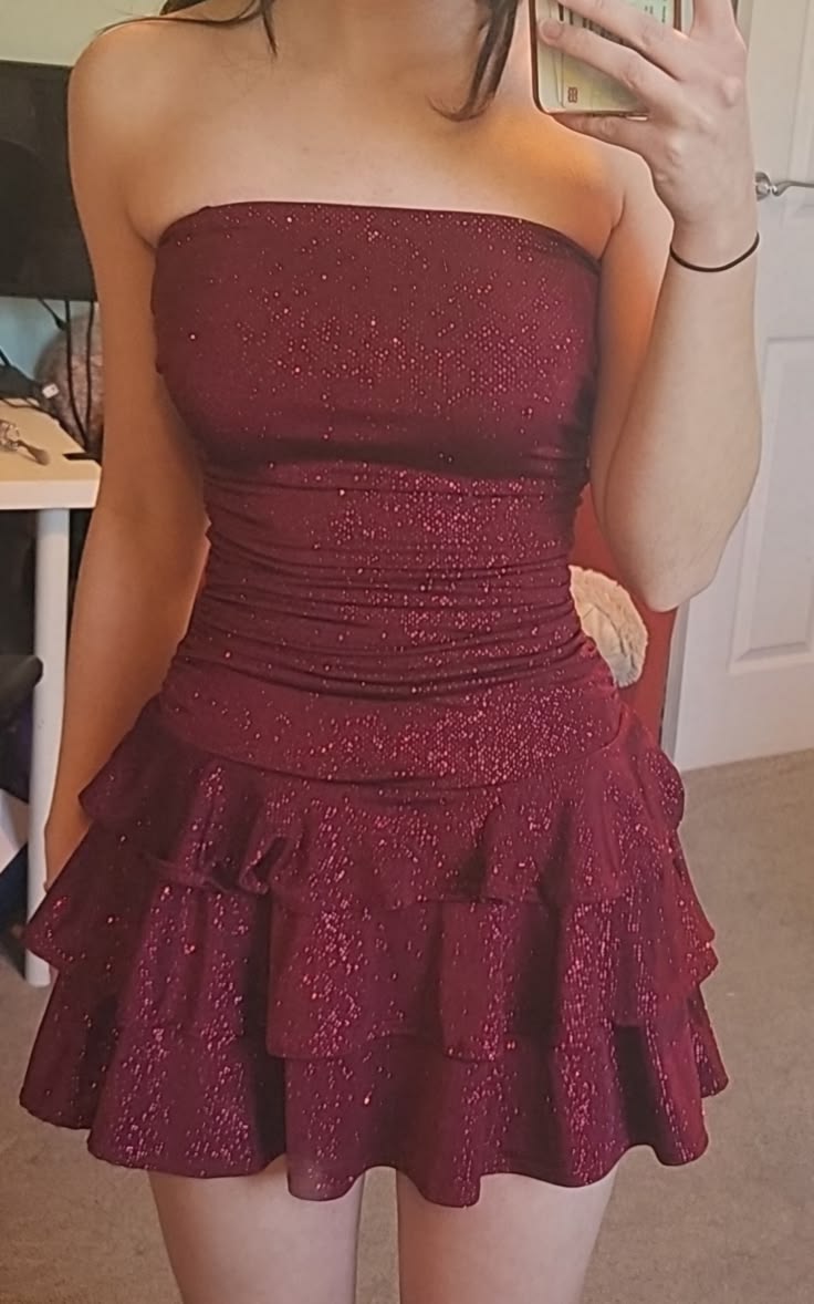 sparkly party dress, glitz and glam, mini dress, ruffled, glittery, strapless A line Hoco Dress Homecoming Dresses RB4210