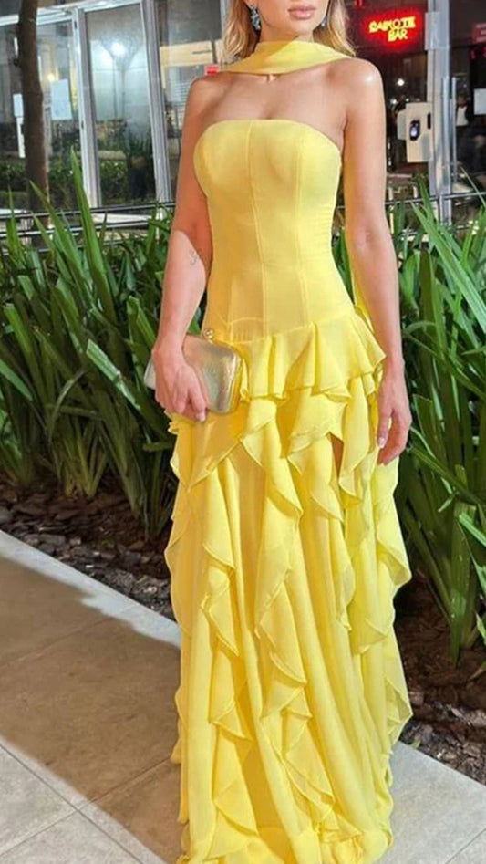 A-Linien-Kleid, trägerlos, mehrlagig, gerüscht, hoher Schlitz, Ballkleid, Hochzeitsgastkleid N264