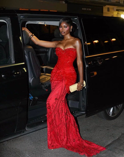 Glitzerndes Meerjungfrauen-Kleid mit Herzausschnitt, rot mit Pailletten und Perlen, langes formelles Ballkleid für Mädchen und Frauen mit schwarzem Teint, Abendkleid, Dinner-Outfit, Partykleid AB2092