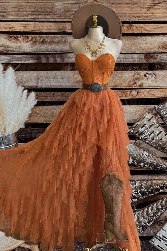 Robe de bal asymétrique pour femme, en tulle orange poudré, longue, pour soirée de danse formelle AB1721