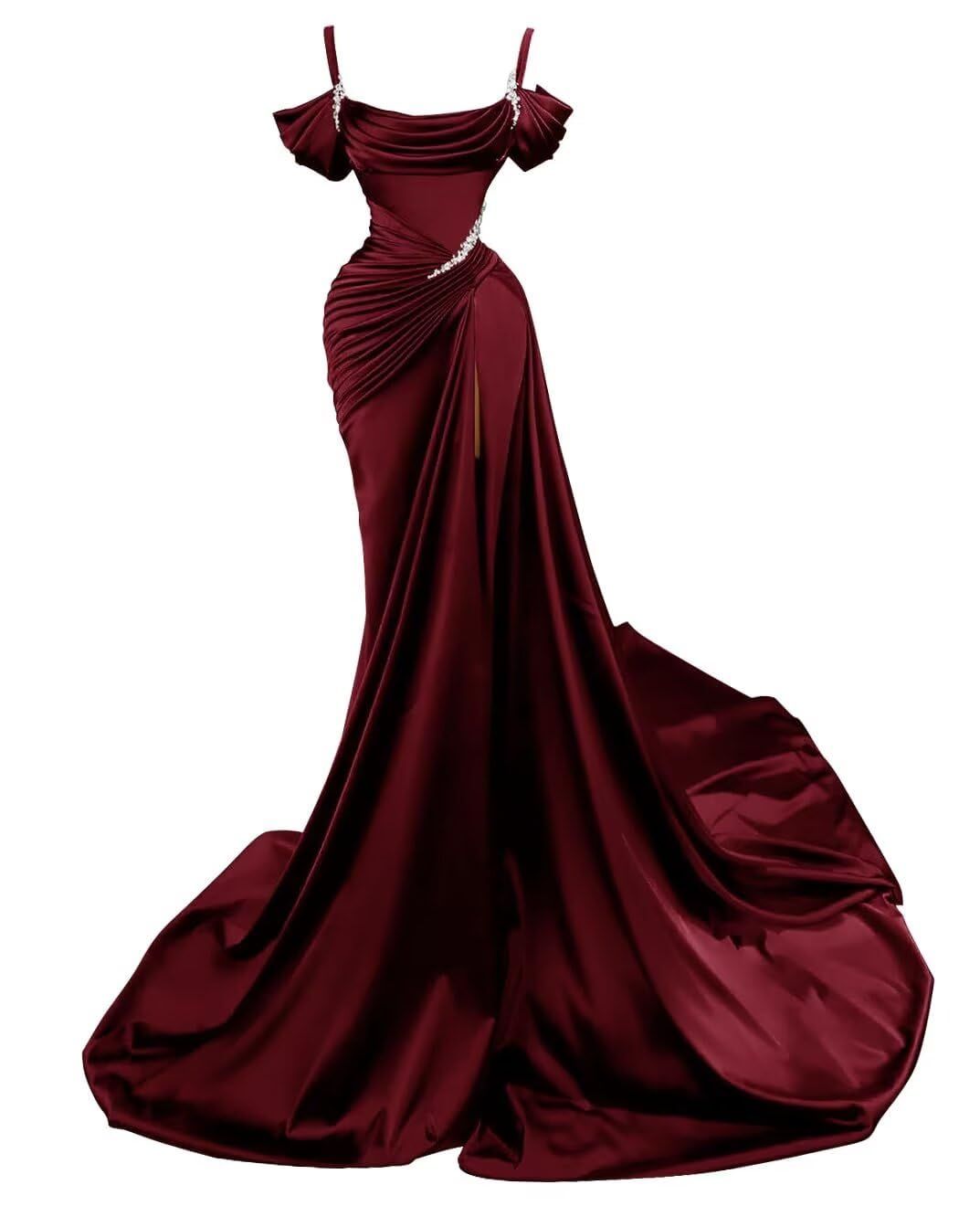 Satin-Meerjungfrauen-Abendkleid mit langen Spaghettiträgern, Perlenbesatz und Glitzer, Brautkleid mit Schlitz, Ballkleid für Damen AB1614