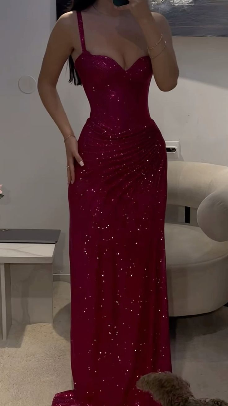 Robe de bal longue sirène à fines bretelles et sequins rose fuchsia, à volants, AB1619