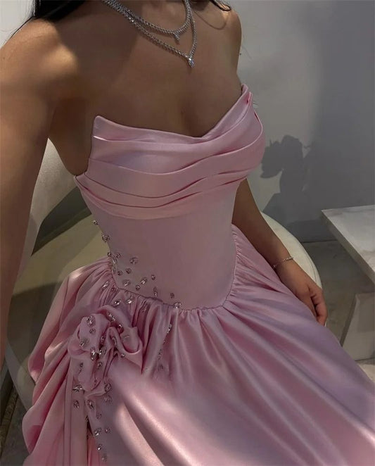 Gorgeous Baby Pink Sweetheart Satin Prom Dresses Sleeveless High Slit Gem With Pleats Vestidos De Dia AB503