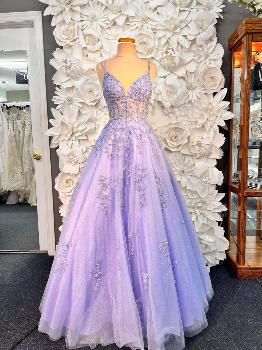 Elegantes, langes Ballkleid mit Spaghettiträgern aus lila Spitze für Teenager, formelles Abendkleid, Partykleid, Abiballkleid AB1073
