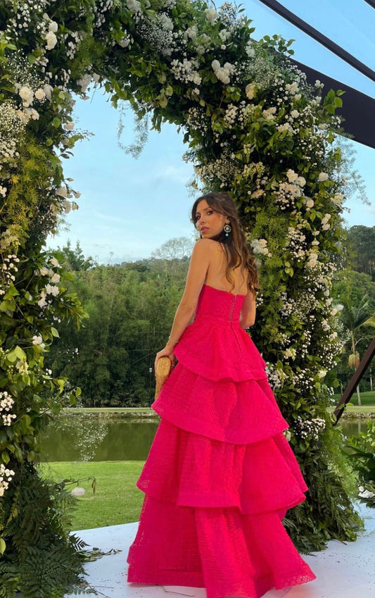 Attraktives Ballkleid mit herzförmigem Ausschnitt, baskischer Taille, Korsett, Rüschen, leuchtend pinkfarben, langes formelles Party- und Abschlussballkleid AB378