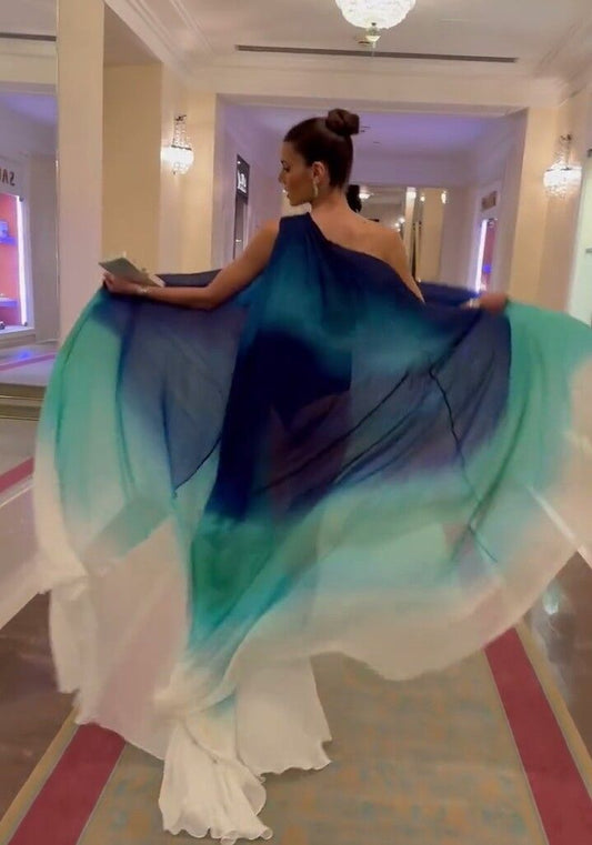 Elegantes, einseitig schulterfreies Chiffon-Abendkleid in Ombré-Farben Grün-Blau, langes formelles Abendkleid AB389