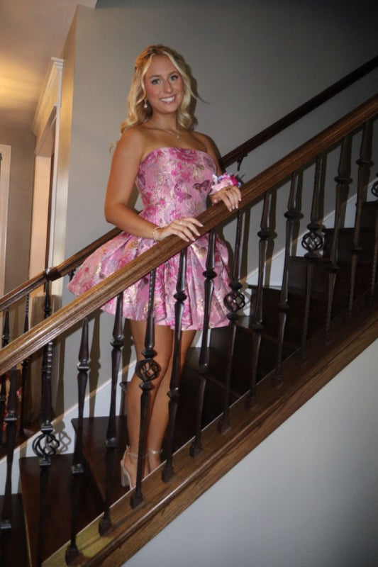 Pretty Ball Gown Strapless Floral Pink Satin Hoco dress inspo Short Homecoming Dresses RB6049
