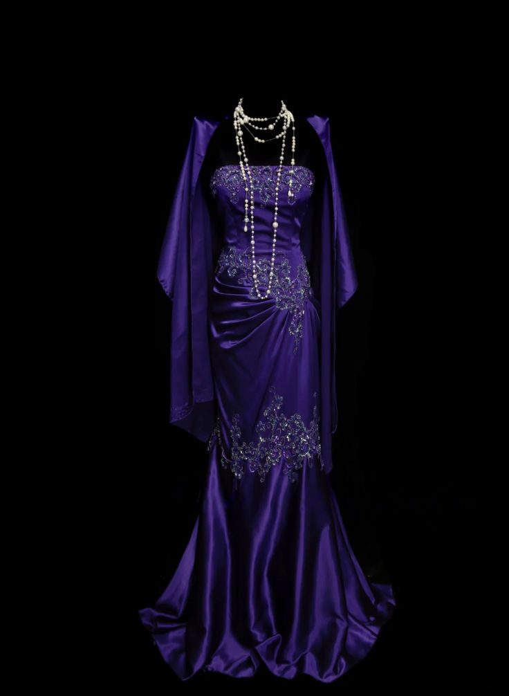 Robe de bal vintage sans bretelles en satin violet avec applications AB320