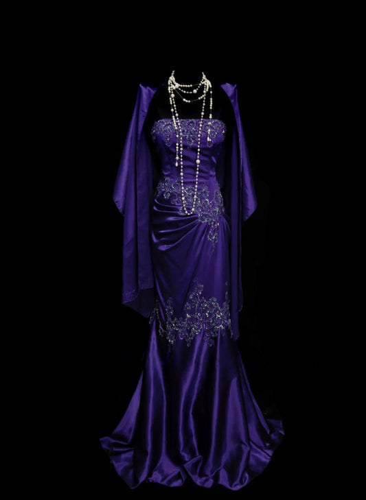 Vintage trägerloses lila Satin-Abendkleid mit Applikationen, formelles Partykleid AB320