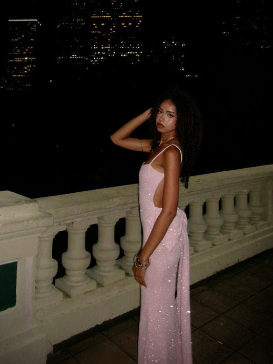 Sexy Mermaid Spaghetti Straps Pink Sequin Long Prom Dress Inspiration Party For Black Couples Teens Girls Formal Gown RB8688