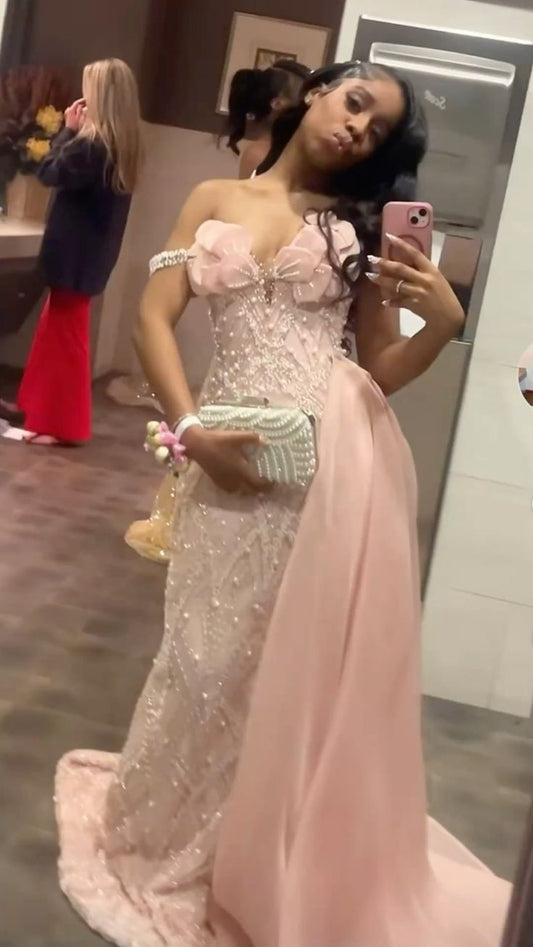 Sexy Mermaid Off The Shoulder Pink Sequin Long Prom Dress Inspiration Party For Black Teens Girls Formal Gown RB8695