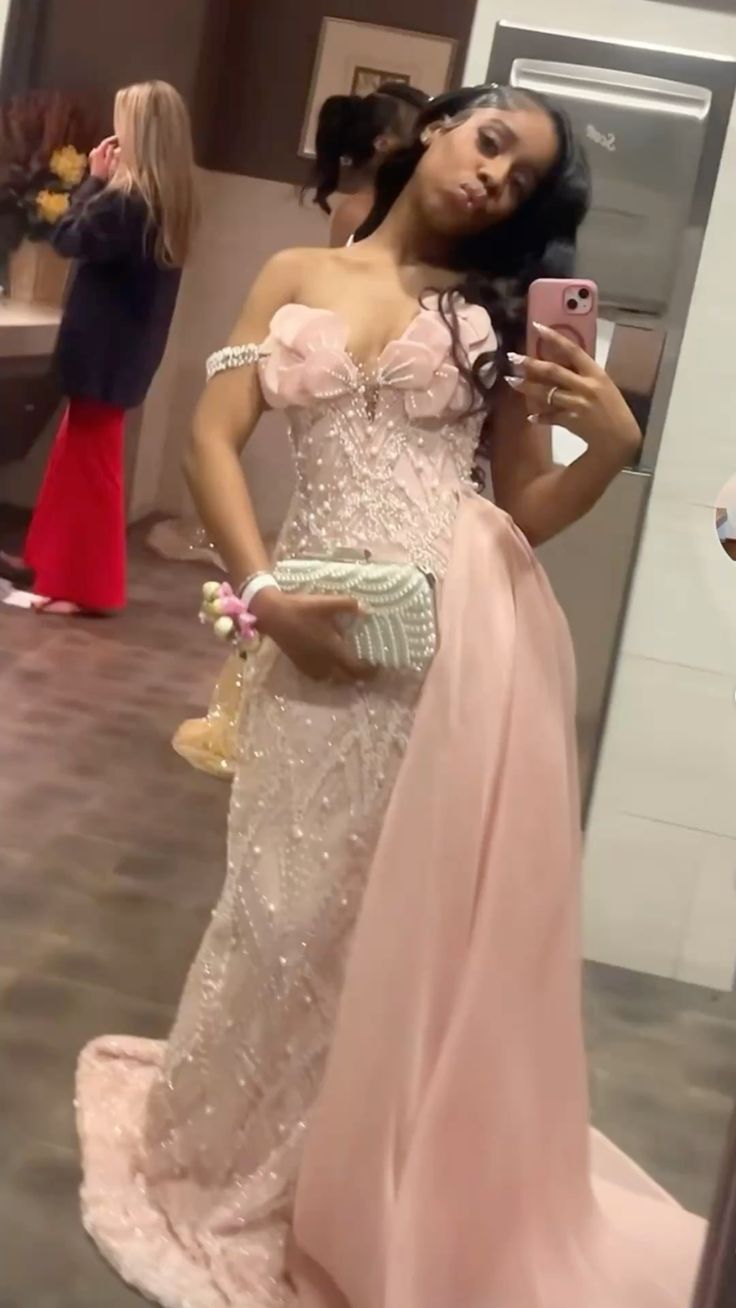 Evening Gown | Aesthetic Princess Pink Prom Dress Fairytale Mermaid Off Shoulder Black Girls Long Formal Dresses RC1326