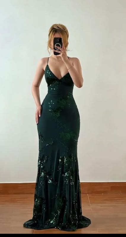 Chic Sirène Halter Vert Foncé Robe De Bal Longue Sans Manches Avec Dentelle Pailletée N2122