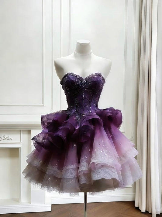 Cute Ball Gown Sweetheart Tulle Purple With Lace Cocktail Dress Short Mini Homecoming Dresses RB6315
