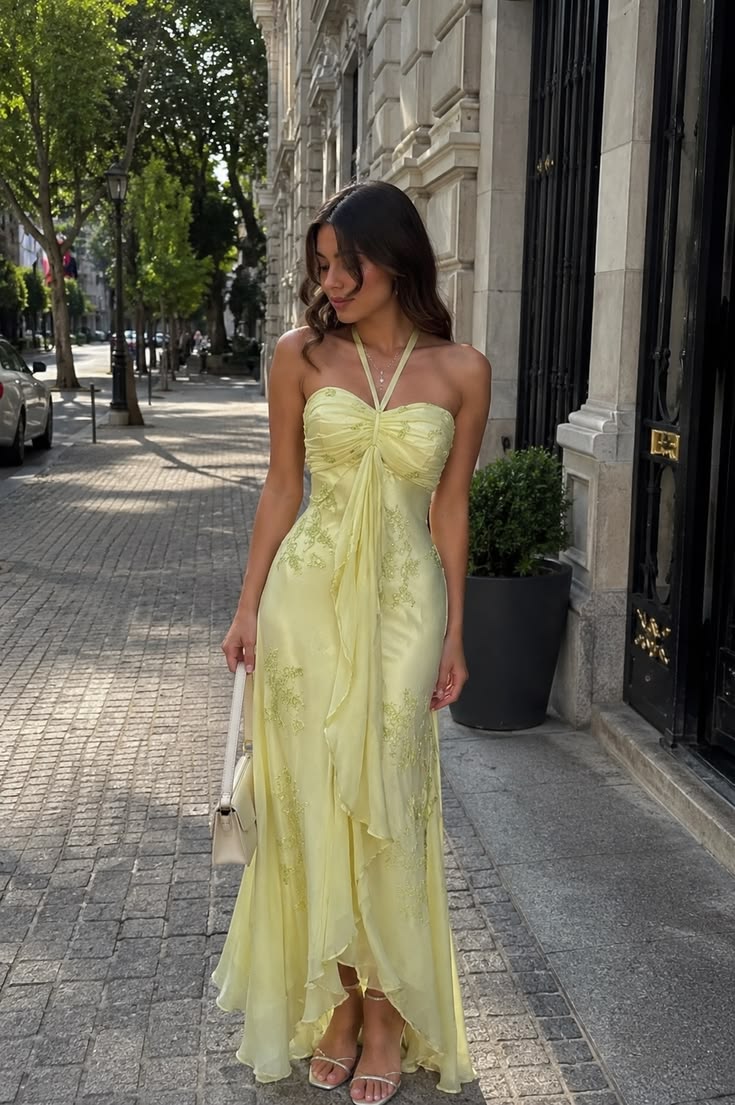 Yellow Prom Dress Mermaid Halter Chiffon High Low Evening Party Semi Appliqued Gala Formal Dress RC1521