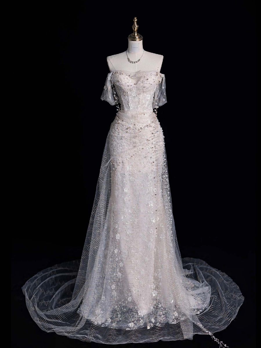 Robe de mariée longue sirène à épaules dénudées en tulle plissé ornée de fleurs AB1479