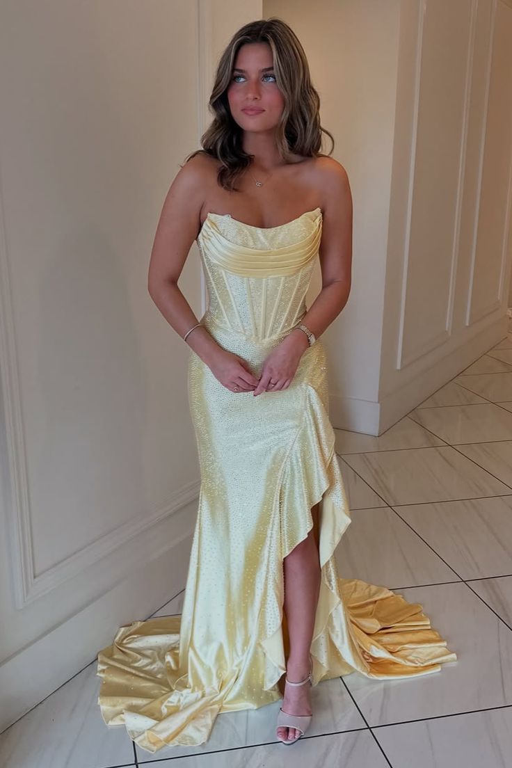 Sparkly Mermaid Strapless Yellow Satin Beaded Long Prom Dresses Inspiration Evening Gowns For Women Formal Party Dress AB1212