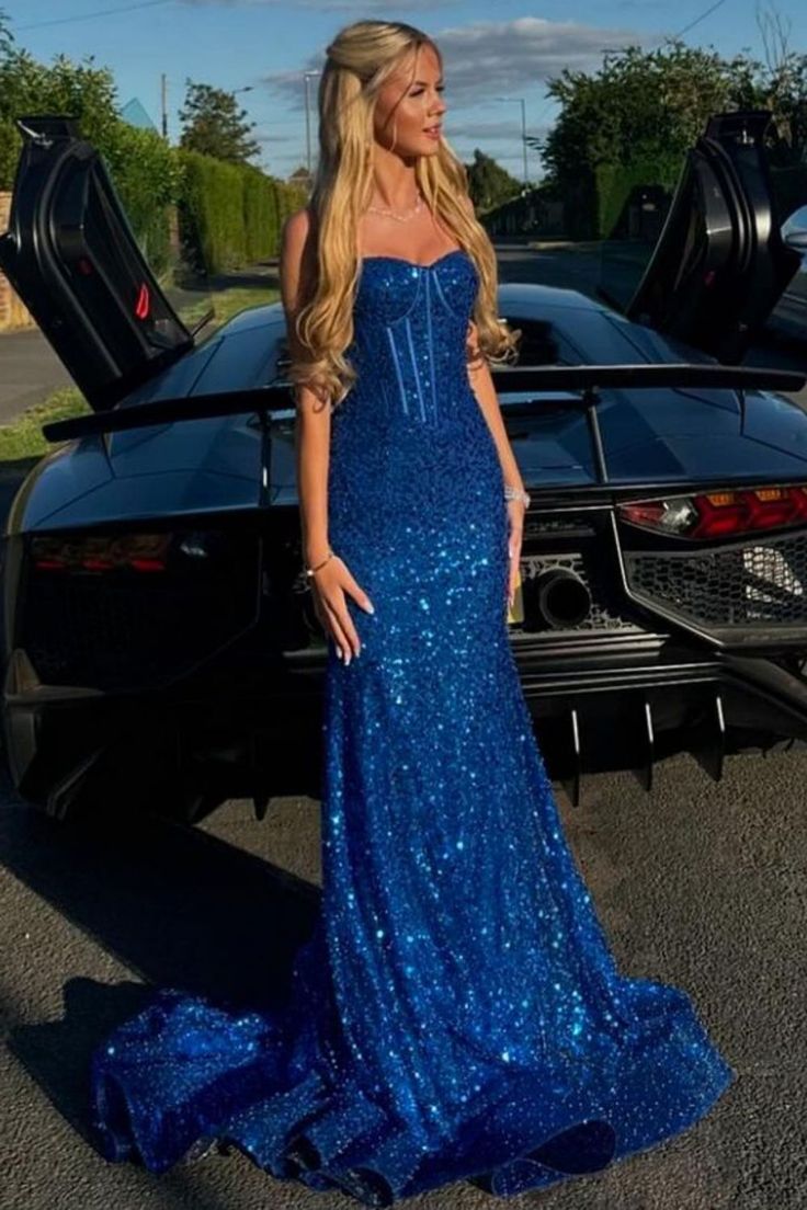 Glänzendes königsblaues Meerjungfrauen-Abendkleid mit Spaghettiträgern und Perlenbesatz, langes Ballkleid, Partykleid RB1671