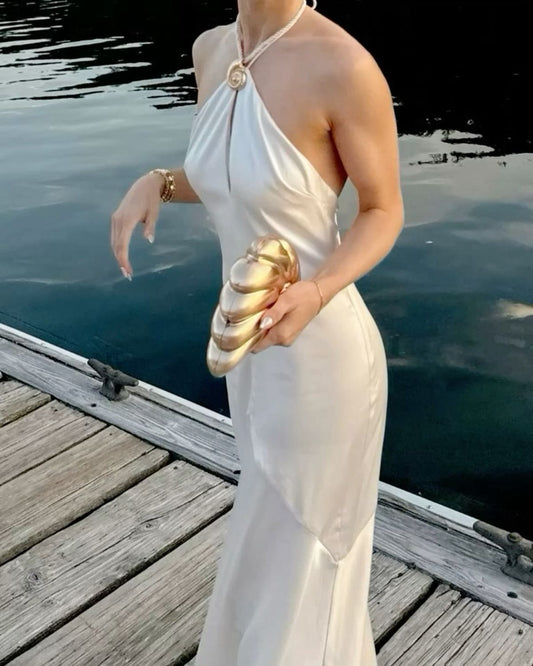 Bescheidenes Meerjungfrauen-Neckholder-Hochzeitsgastkleid, formelles Frühlingskleid, lange Ballkleider N2684