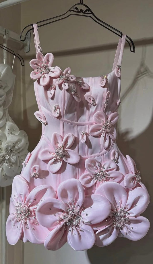 Cute A Line Spaghetti Strap Pink Satin Floral Short Homecoming Dress Inspo Ideas Mini Party Dresses RB6859