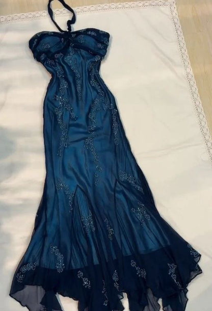 Vintage Meerjungfrauen-Abendkleid mit Neckholder, Chiffon, Perlenbesatz, dunkelgrün, langes formelles Kleid, Abschlusskleid N1617