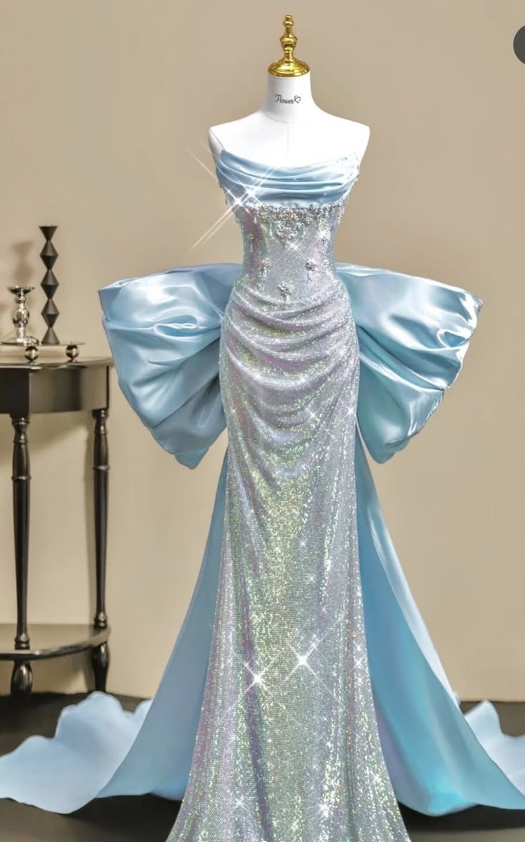 Glittery Mermaid Strapless Blue Sequin Long Prom Dresses Impress 18th Birthday Outfits Prom Gown RB8938