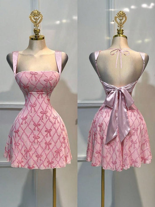 Sweet Hoco Dress Homecoming Dresses A line Square Neck Pink WIth Bow 16th Birthday Party Outfits RB6412