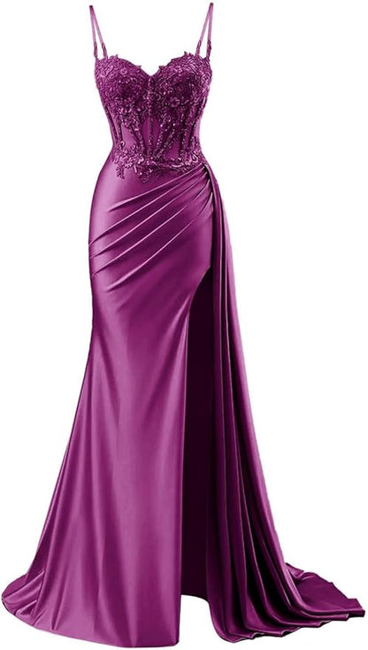 Modest Mermaid Spaghetti Straps Burgundy Slit Lace Prom Dresses Long Party Dress Birthday Outfit Teenagers Graduation Dress RB1168