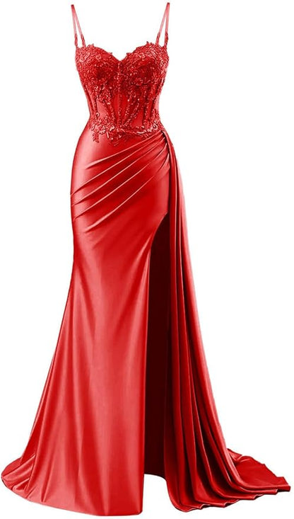 Modest Mermaid Spaghetti Straps Burgundy Slit Lace Prom Dresses Long Party Dress Birthday Outfit Teenagers Graduation Dress RB1168