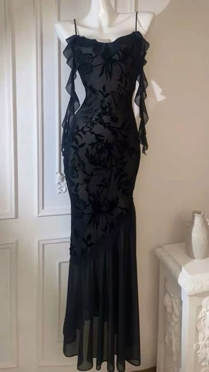 Chic Mermaid Spaghetti Straps Black Chiffon Long Prom Dresses Inspiration Party Dress Prom Gowns DH3027