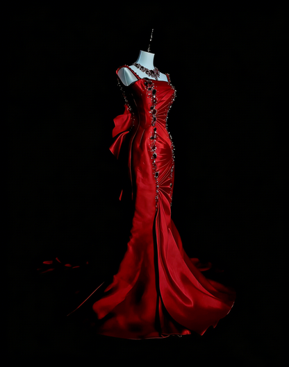 Robe de bal longue rouge vintage sirène à fines bretelles et perles, sans manches, style années 80, référence N1476