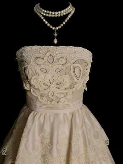 Robe de bal vintage années 70, bustier, couleur champagne, ornée d'appliqués en dentelle, robe de mariée féerique N1318