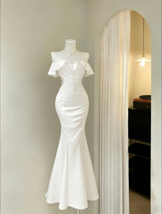 Eclectic Mermaid White Satin Lace Baddie Cruise Ship Formal Night Evening Dresses Long Birthday Outfit RB3841