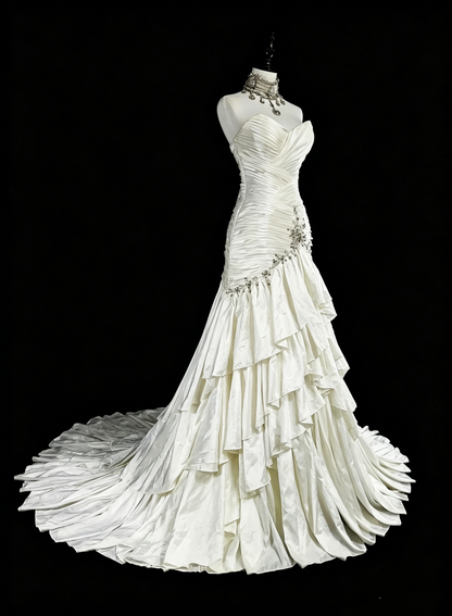 Unique Wedding Dresses Mermaid Sweetheart Satin Layers Tiered Sleeveless White Long Brides Dress N3513